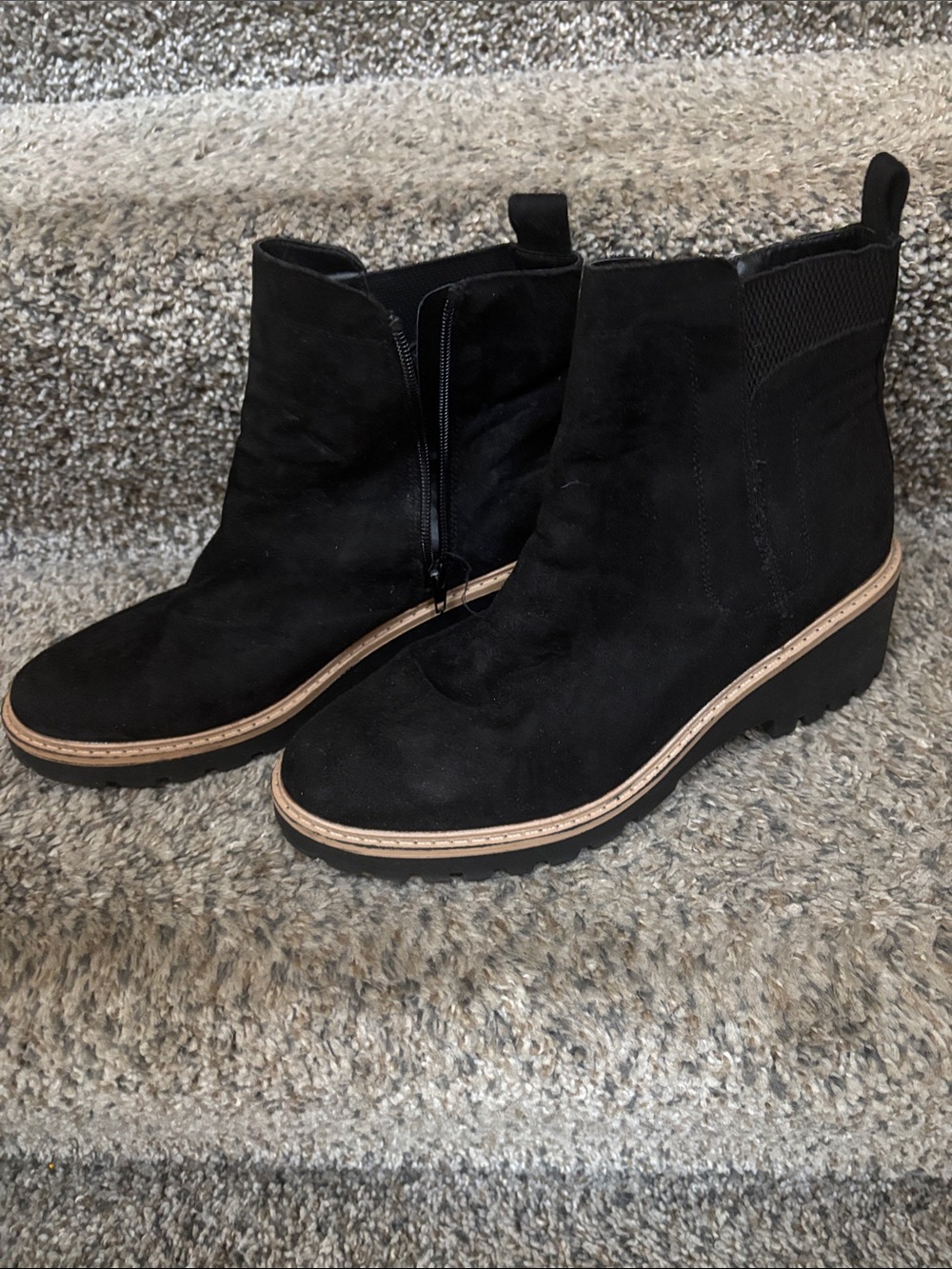 Maurices Black Suede Wedge Ankle Booties with Tan Trim